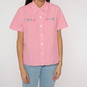 VINTAGE Blair Cotton Pink Plaid Gingham Top with floral embroidery | One size